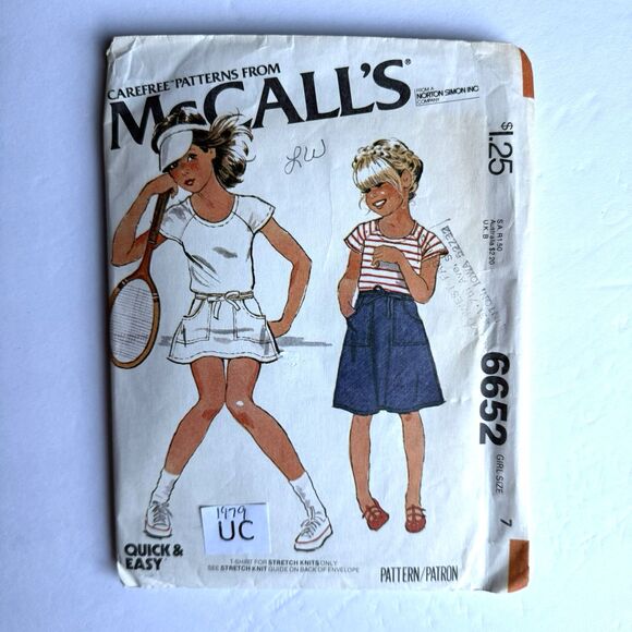 Vintage McCalls EASY SEWING PATTERN 6652 Girls TShirt & Wrap Skirt UC Sz 7 UNCUT - Picture 1 of 3